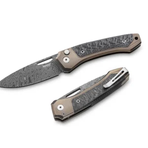 LionSteel TW D BR Twain Damascus – סכין מתקפלת דמסקוס וטיטניום ברונזה עם Carbon Fiber בצבע חום / שחור