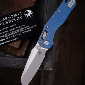 Microtech MSI Mini RAM-LOK® Marfione Select Apocalyptic Antique Blue Fluted Titanium Accent 210M-10APFLMS2 - סכין מתקפלת במהדורה מוגבלת מטיטניום בצבע כחול / אפור