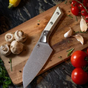 Microtech 6" Santoku Knife Stonewash Standard Titanium Bolster Ivory G-10 3200B-10IV – סכין מטבח סנטוקו מקצועית עם ידית Ivory G-10