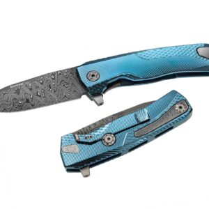 LionSteel ROK DD BL - סכין מתקפלת עם להב דמסקוס וידית טיטניום בצבע כחול / שחור